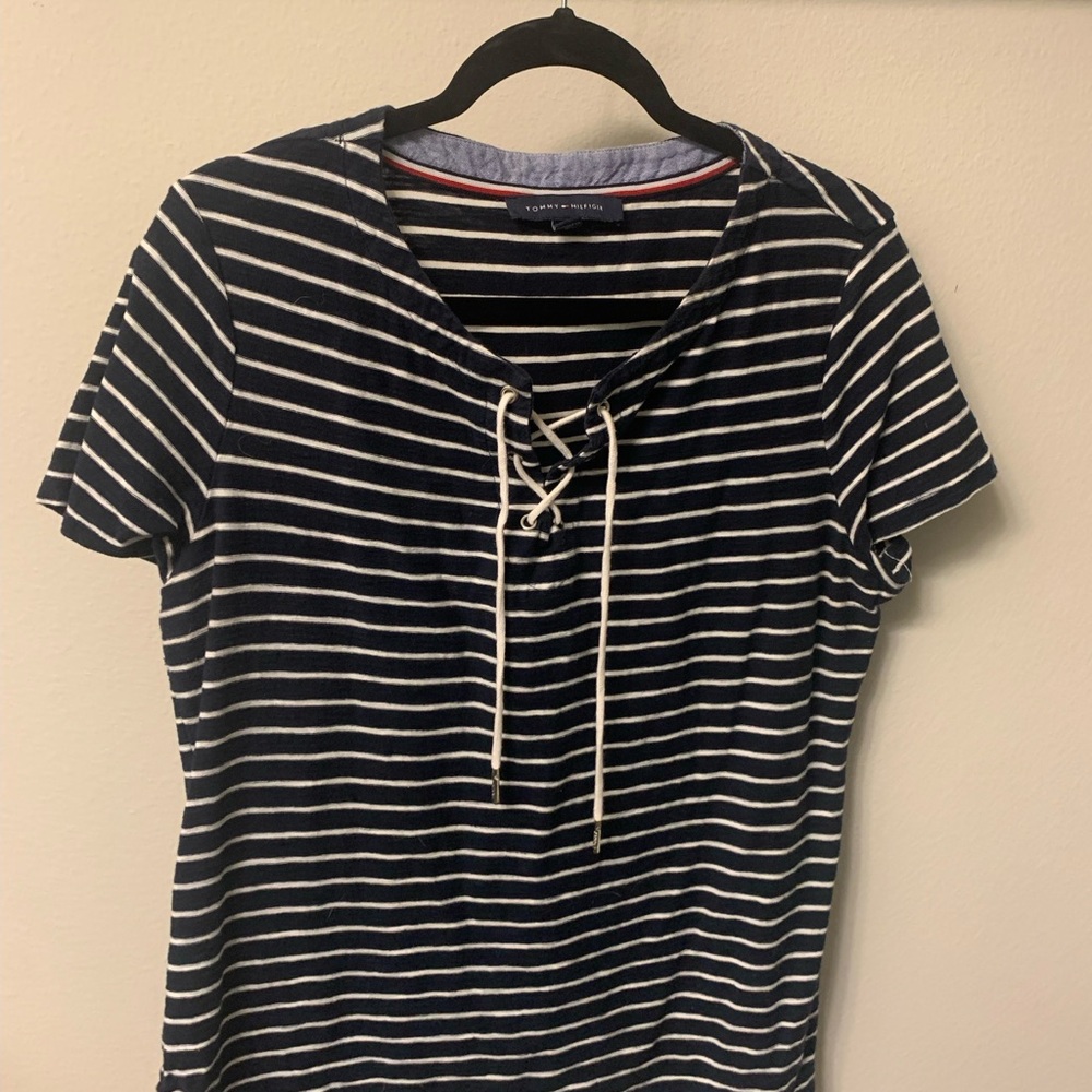 Tommy Hilfiger Black and White Tie Front Sailor Collar T-Shirt